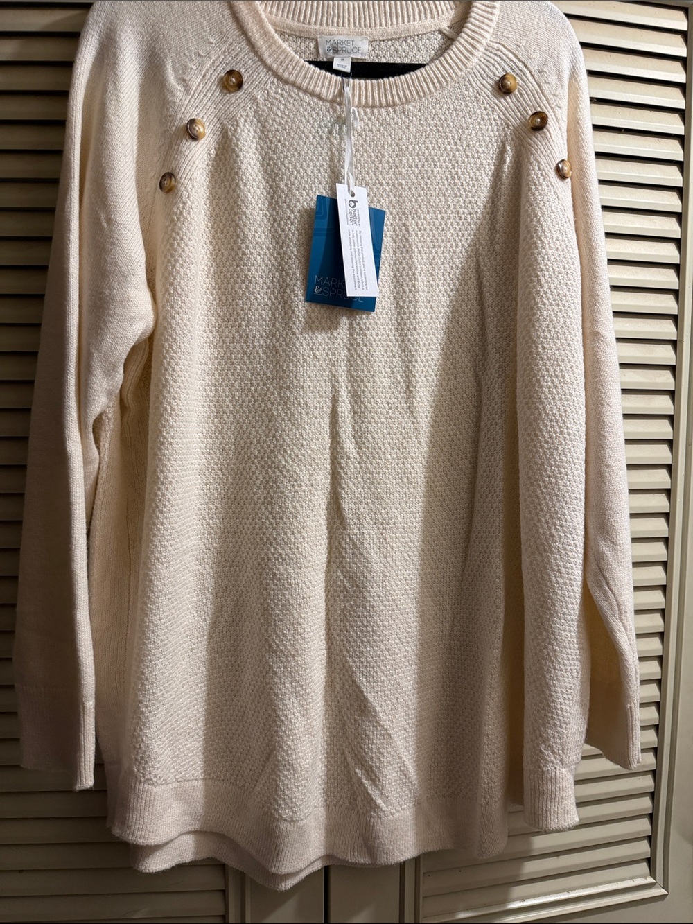 Market & Spruce Cream Crewneck Sweater with Button Shoulder Detail